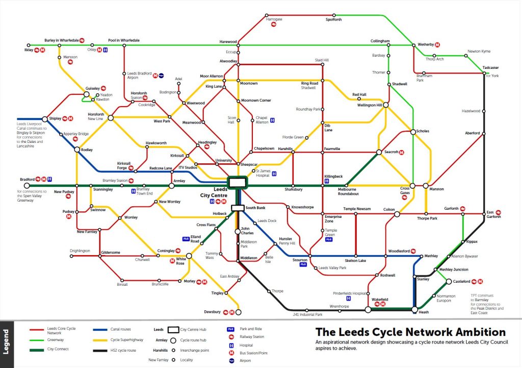 map of possible cycle networks across the Leeds district.